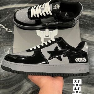 Bape Doomsta  Black & Gray Patent Bapesta Low Top Sneakers